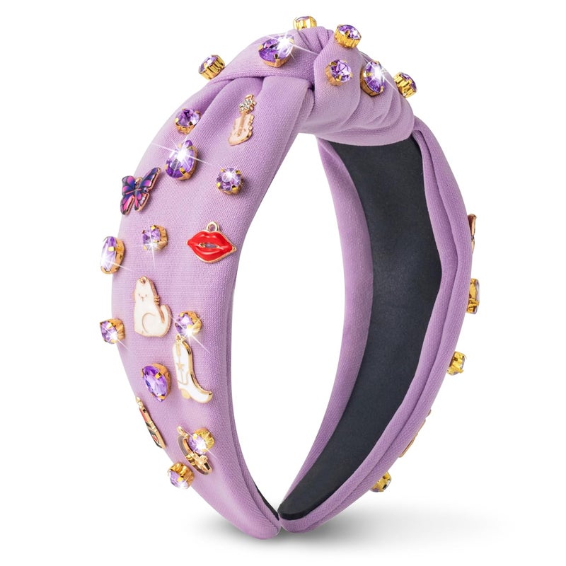 PANTIDE Music Jeweled Knotted Headband - Singer Fans Gift Guitar Red Lip Rhinestone Crystal Embellished Headband Wide Top Knot Fashion Hairband Birthday Back To School Gift for Women Girls (Purple) - Image 1